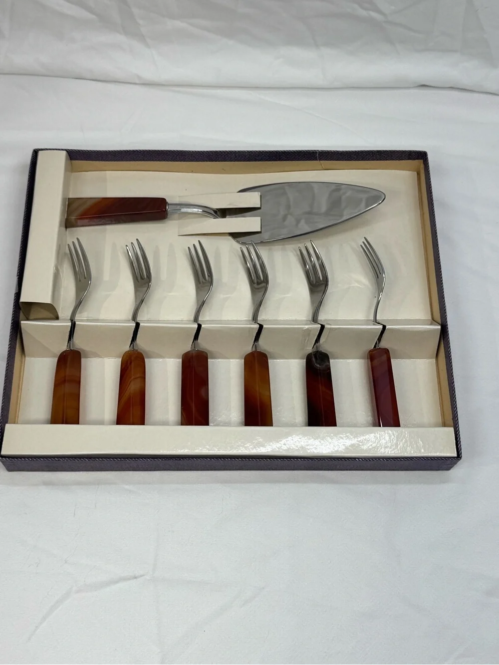 Rare Vintage Red Agate Dessert Forks Cake Server Set, Gift, MCM, South American